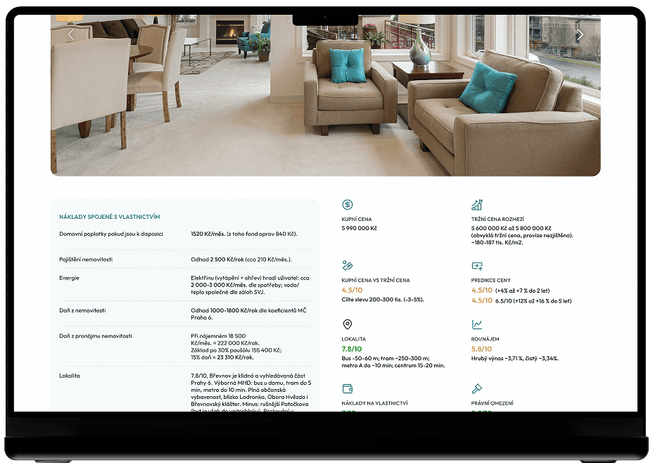 Přehled odhadované ceny a investičních ukazatelů nemovitosti